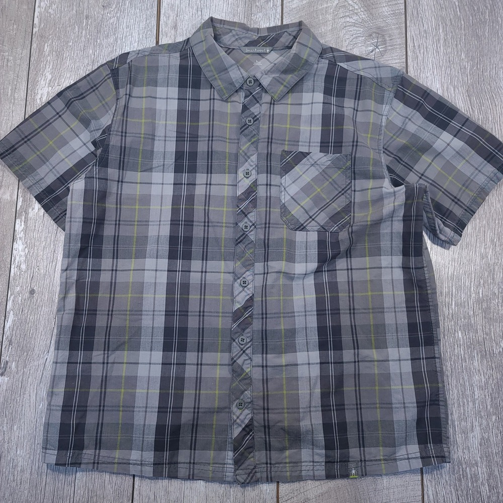 Smartwool Button Front Shirt Mens Large Grey Plaid Merino Wool Organic Cotton SS